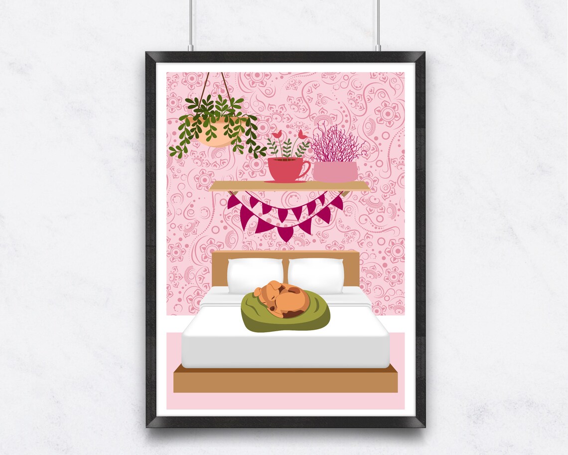 Sleeping Dog Curled Up In Green Pet Bed On Cozy Pink Bedroom Poster - Image 3