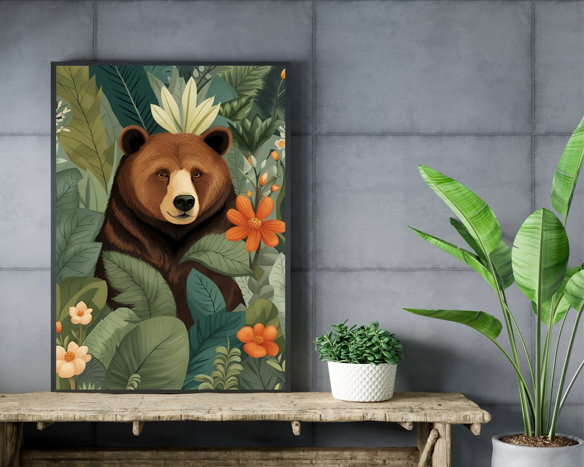 Brown Bear Among Lush Jungle Leaves and Orange Flowers Poster - Image 3