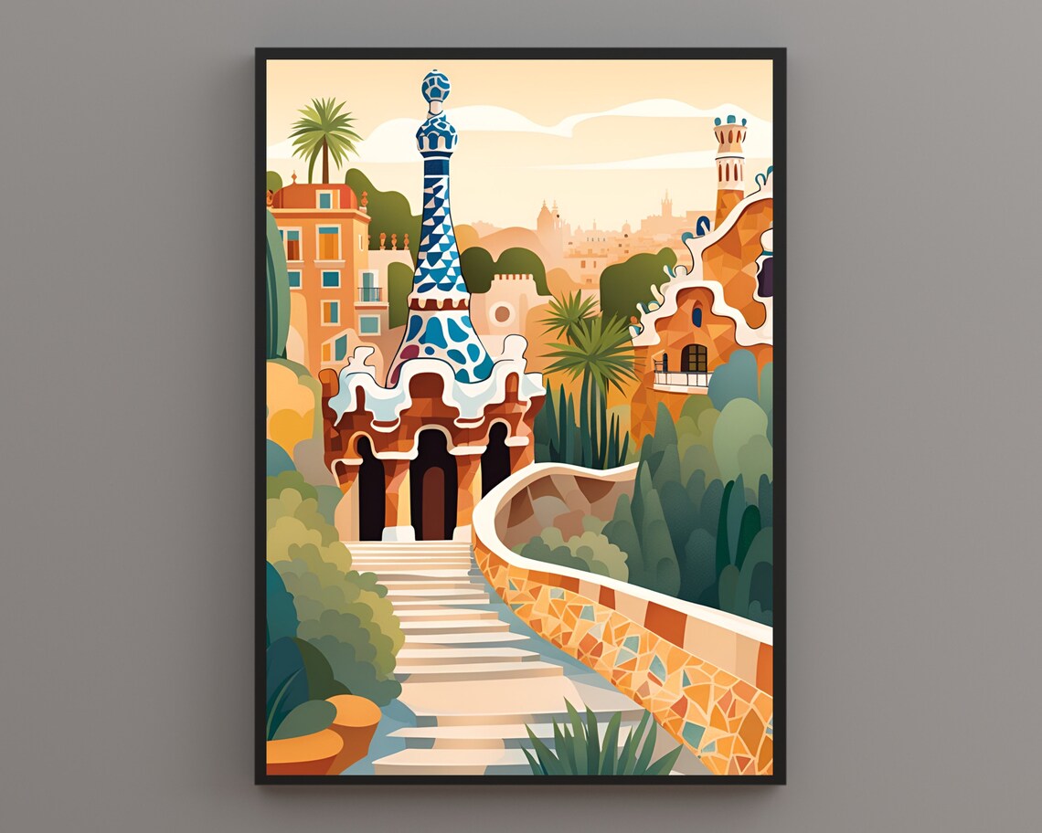 Park Guell Gaudi Mosaic Spire And Palace Barcelona Travel Poster