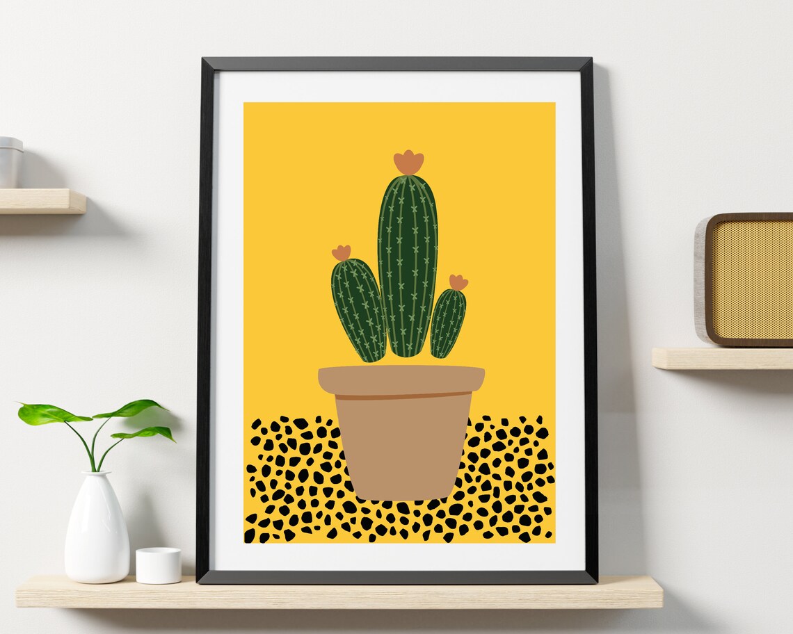 Potted Cactus Trio Terracotta Pot Mustard Yellow Spotted Ground Poster - Image 3