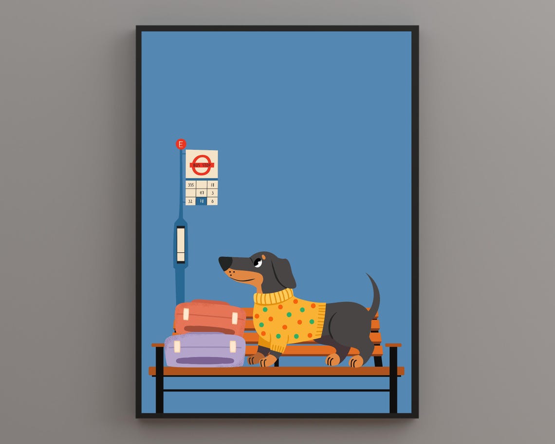 Dachshund In Sweater Waiting At Bus Stop With Suitcases Poster
