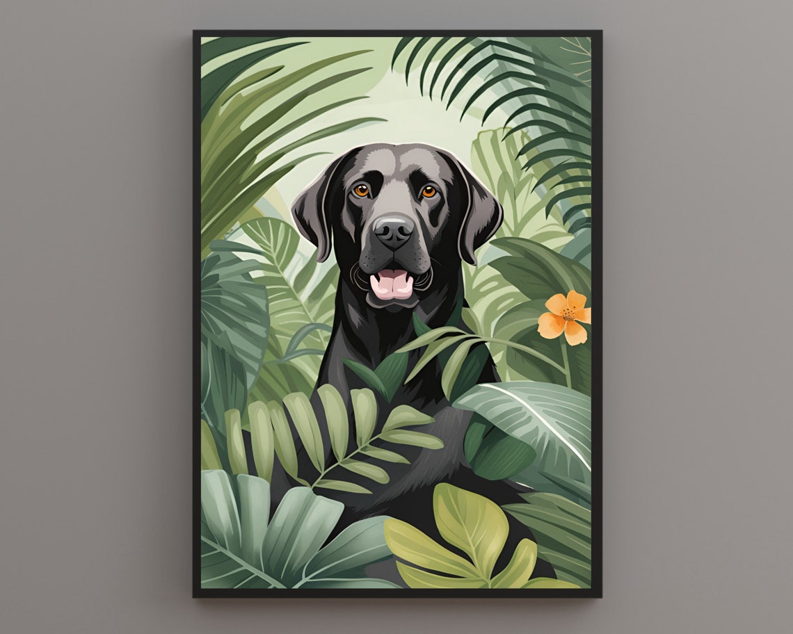 Happy Black Labrador Retriever Grinning Among Jungle Leaves Poster