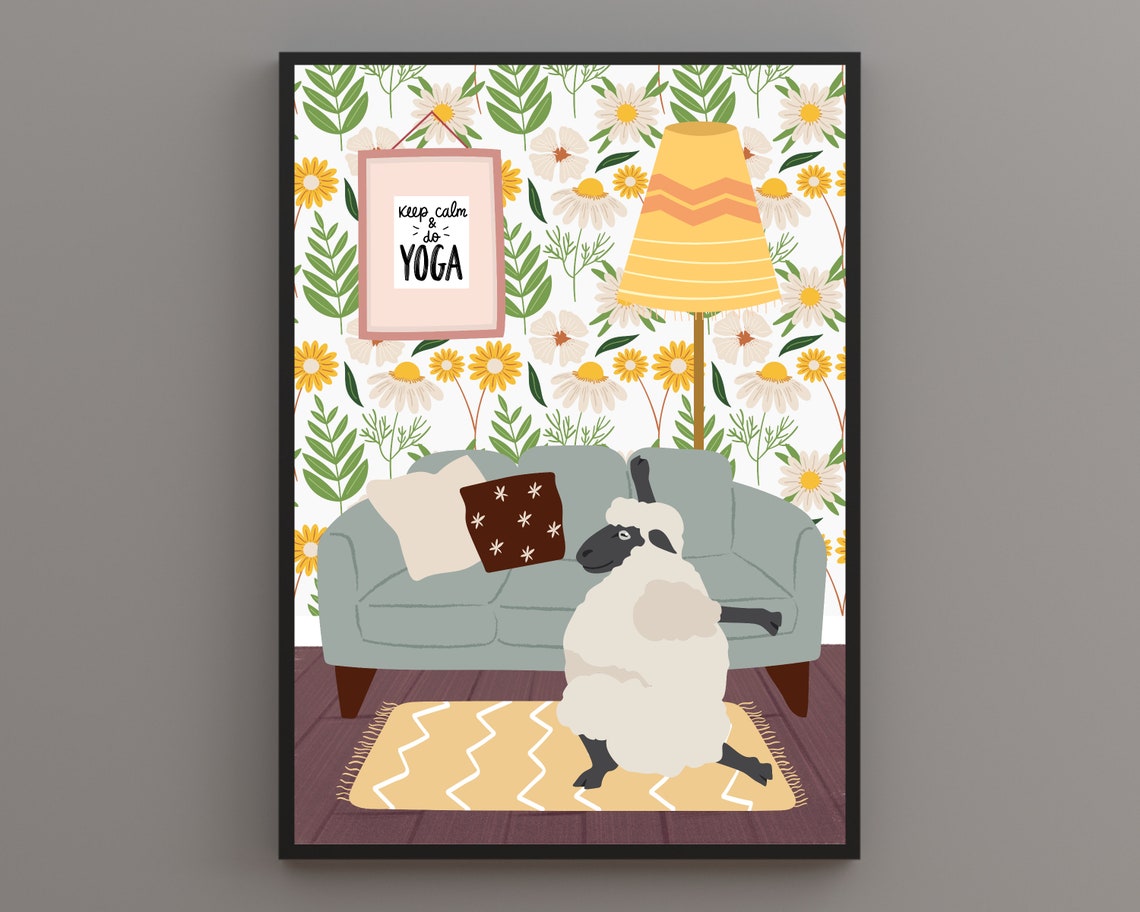 Sheep in Yoga Stretch Pose by Grey Sofa Funny Daisy Room Poster