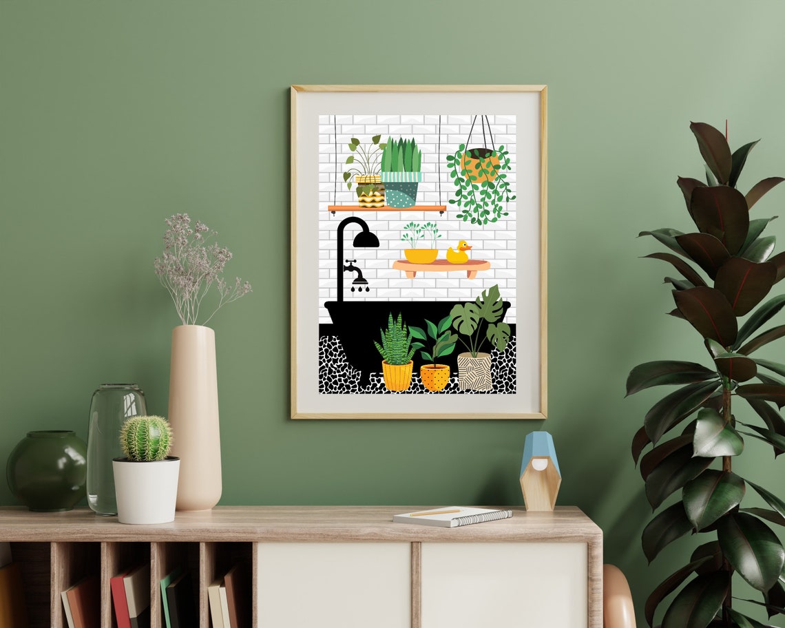 Black Bathtub Scene With Plant Shelves And A Rubber Duck Poster - Image 2