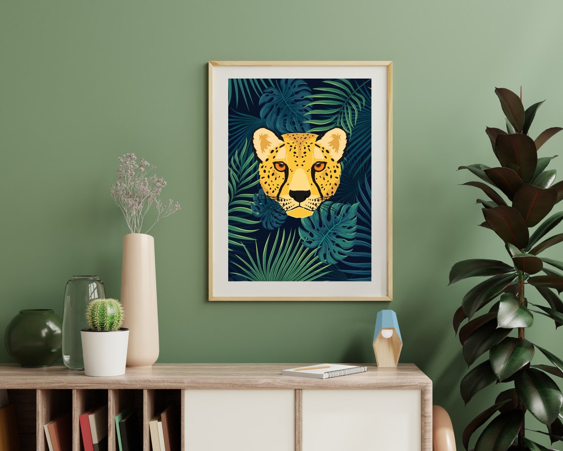 Striking Cheetah Face Emerging from Midnight Tropical Leaves Poster - Image 3