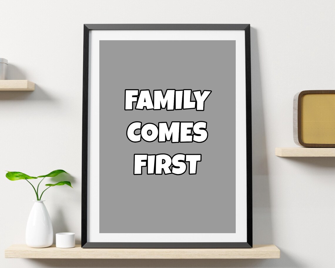 Family Comes First Grey Bubble Letter Inspirational Quote Poster - Image 3