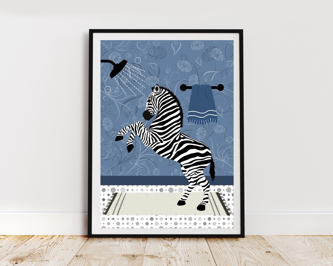 Zebra Showering In A Blue Floral Bathroom Funny Animal Poster - Image 2