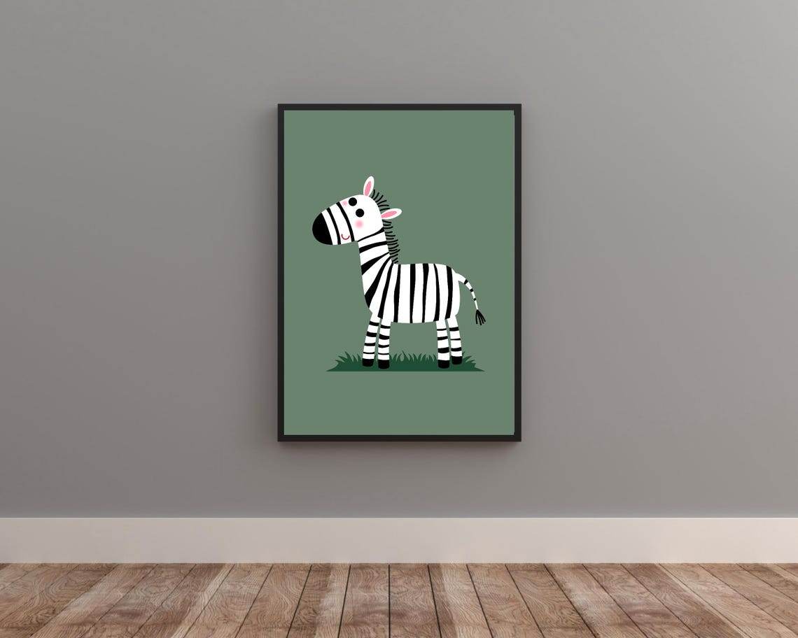 Smiling Cartoon Zebra Nursery Print on a Sage Green Background - Image 3
