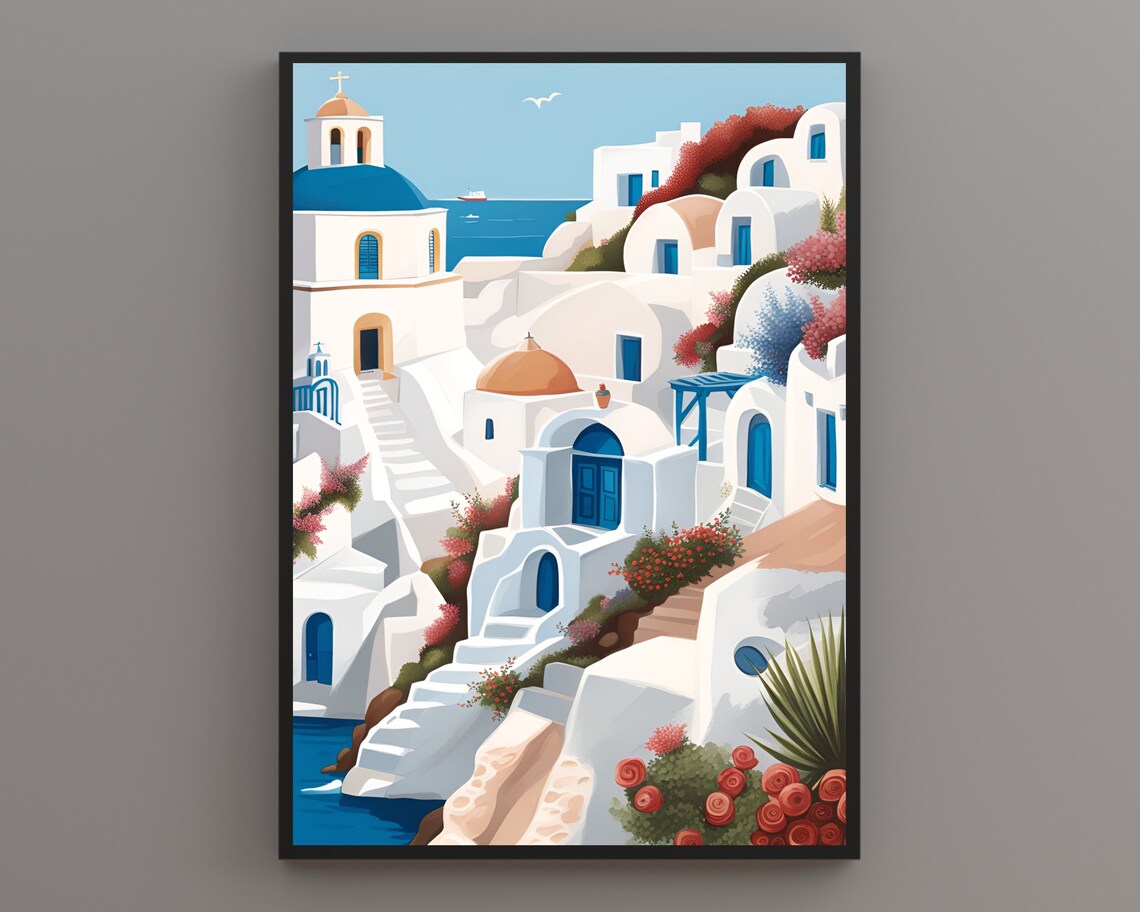 Santorini Blue Dome Church Steps Roses Greece Island Village Poster