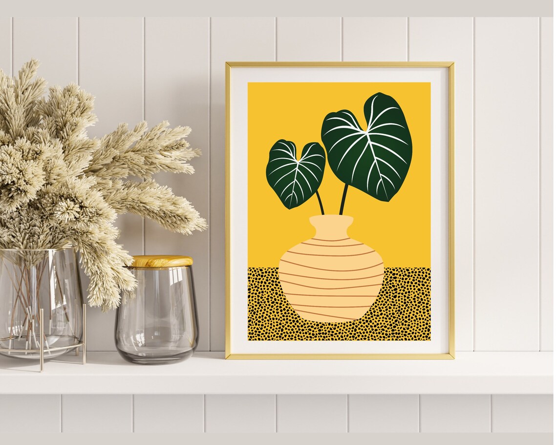 Veined Alocasia Leaves In A Striped Vase On Mustard Yellow Poster - Image 3
