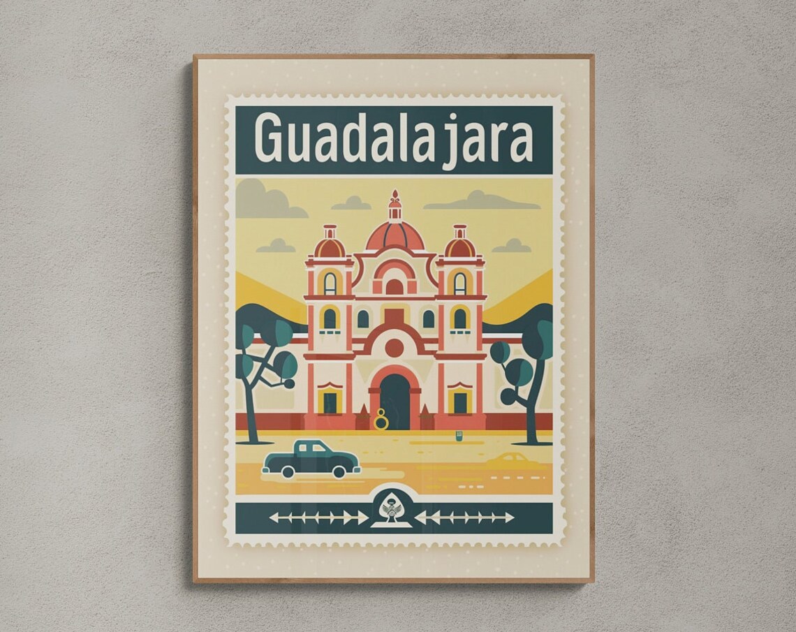 Guadalajara Mexico Church Domes Vintage Car Stamp Style Poster