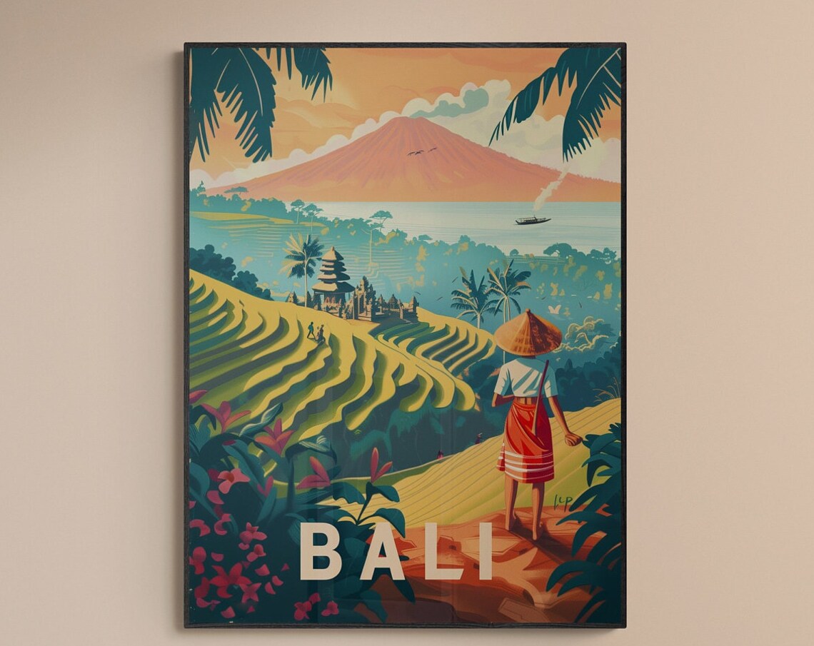 Bali Rice Terraces Volcano Local Farmer Retro Indonesia Travel Poster - Image 5