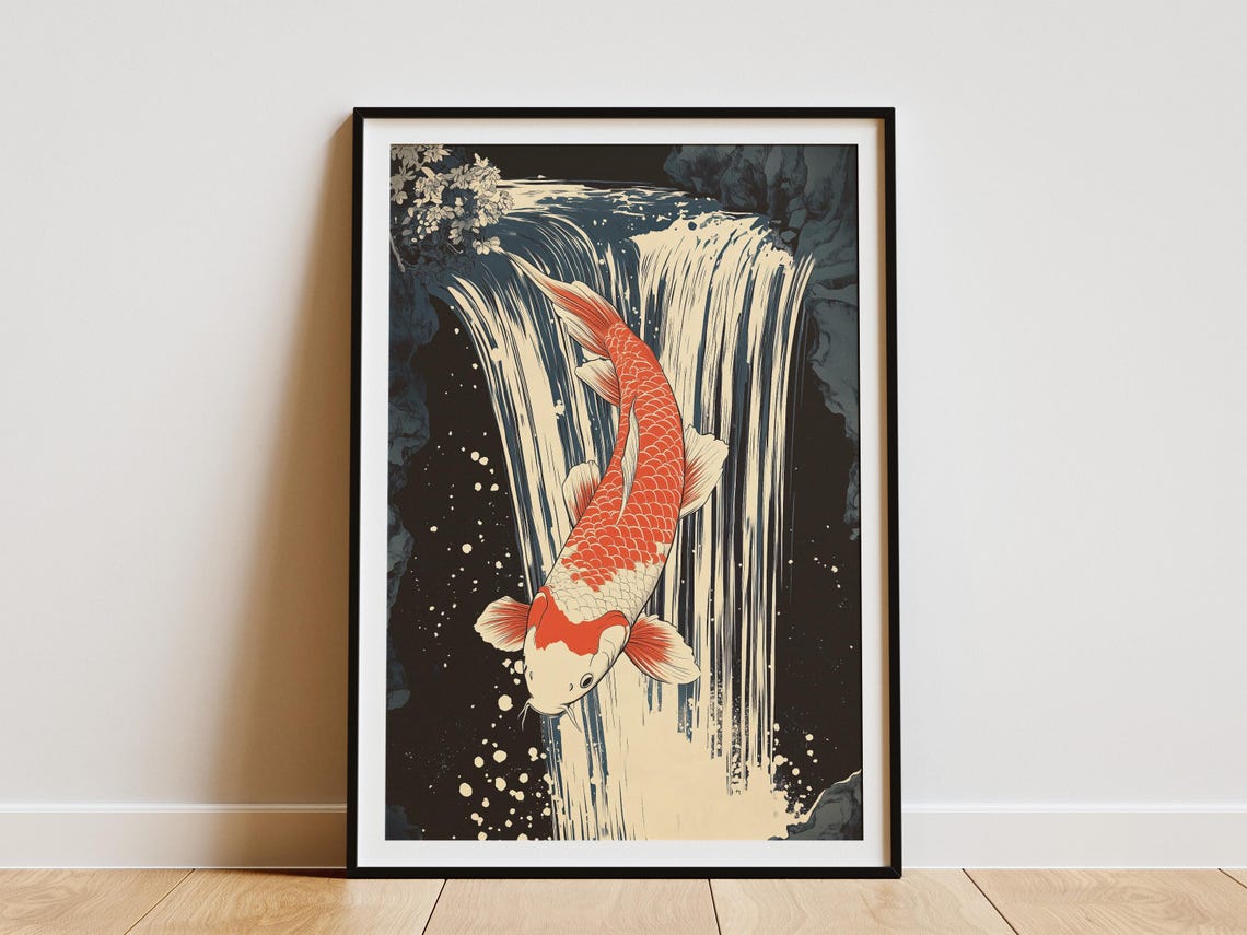 Red and White Koi Fish Leaping Up a Dark Waterfall Art Poster