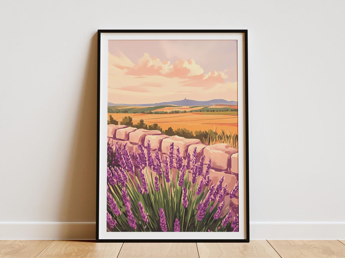 Lavender Field And Stone Wall At Sunset Countryside Scene Poster