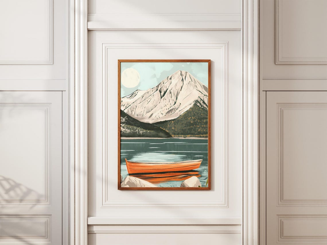 Orange Rowboat on Calm Mountain Lake Pale Moon Evening Poster - Image 2