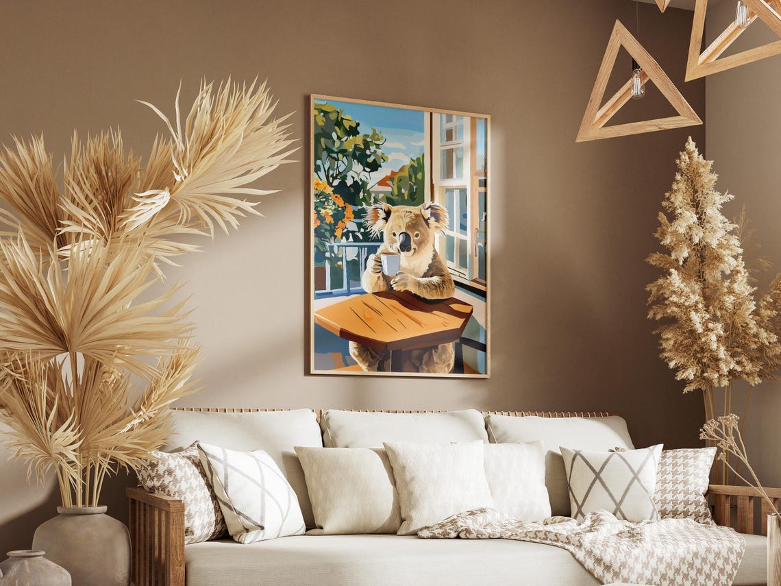 Koala Cafe Art Print Cozy Coffee Shop Poster Animal Illustration Wall Bear Drinking Paper Cute - Image 3