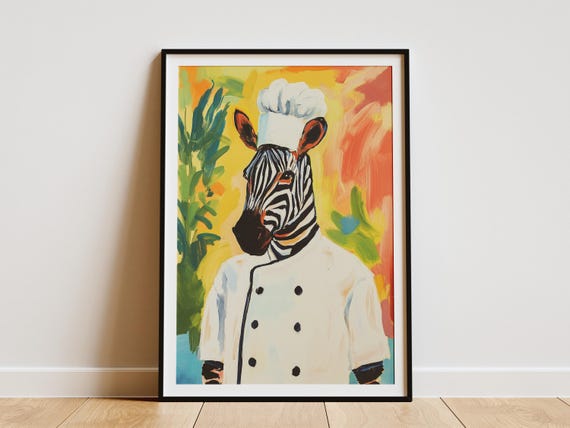 Zebra Chef Art Print Kitchen Decor Poster Animal Funny Wall Illustration In