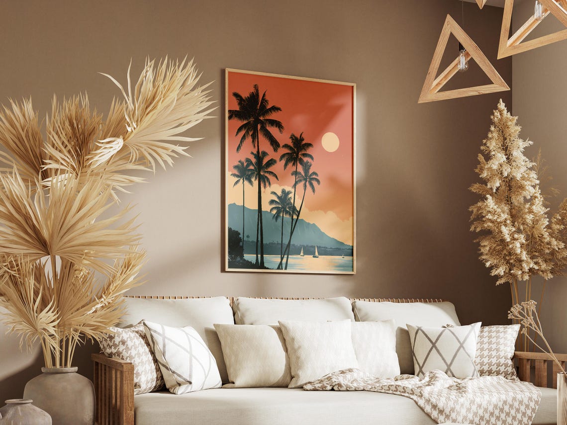 Retro Hawaiian Travel Poster Silhouette Palms Sunset Ocean View - Image 3