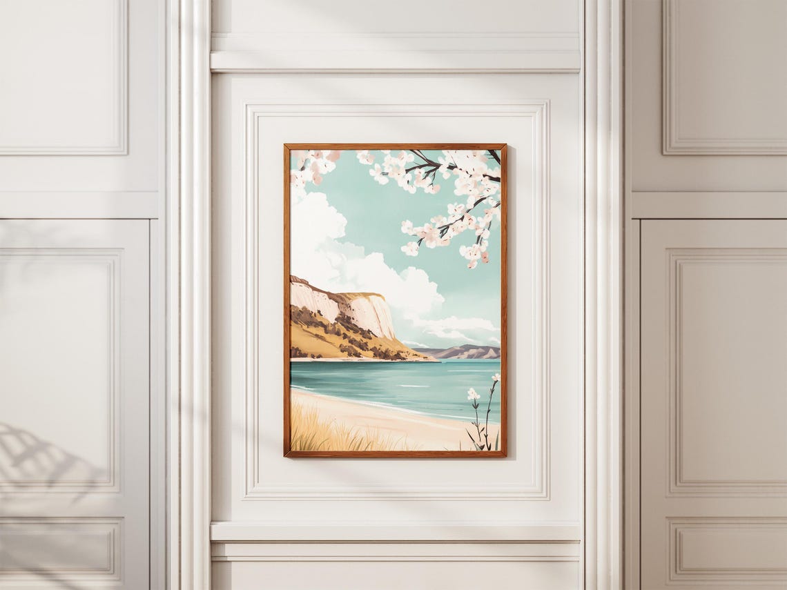 Coastal Cliff And Sandy Beach Framed By Cherry Blossoms Poster - Image 2