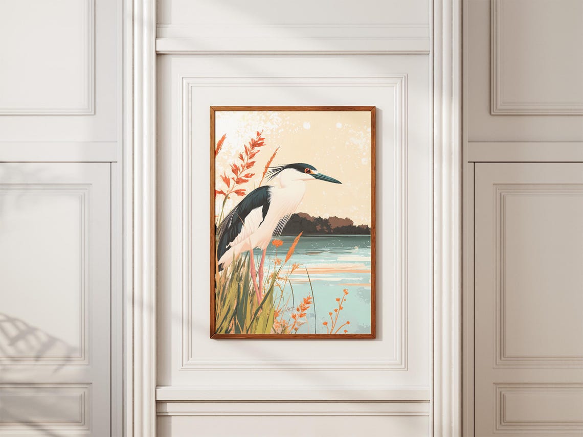 Black-Crowned Night Heron at a Lagoon Bird Illustration Poster - Image 2