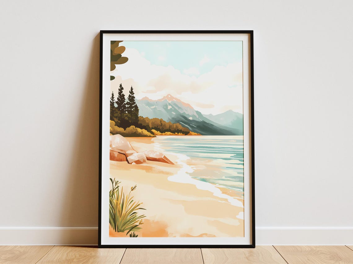 Sandy Beach With Pine Trees Waves And A Distant Mountain Poster
