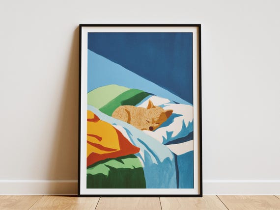Adorable Yorkshire Terrier Dog Art Print Sleeping Yorkie In Cozy Bed Matisse Style Abstract Pet Lover Gift Modern Animal Wall Decor For