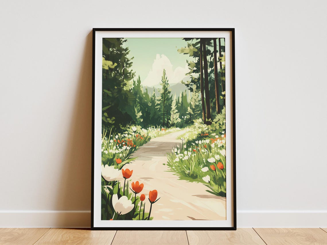 Forest Road Lined With Red Tulips And White Wildflowers Poster