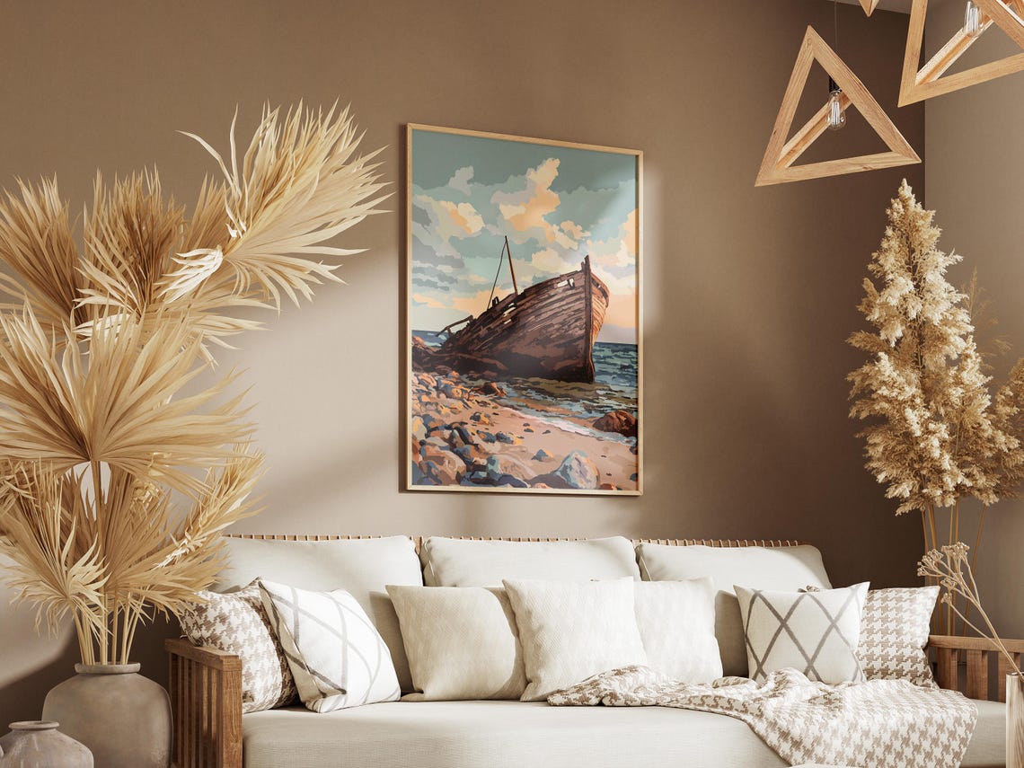 Beached Wooden Shipwreck on Rocky Shore Vintage Illustration Poster - Image 3