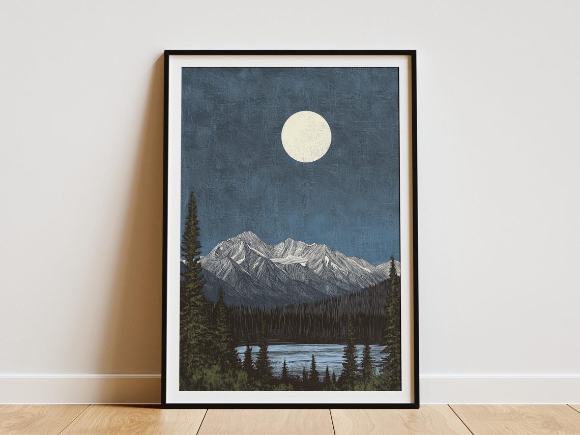 Denali National Park Alaska Full Moon Snowy Mountain Landscape Poster