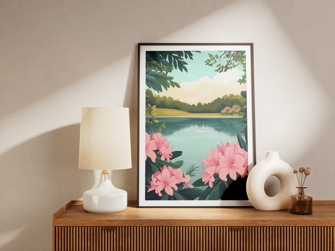 Blooming Pink Azalea Blossoms Calm Lakeside Garden Floral Poster - Image 4
