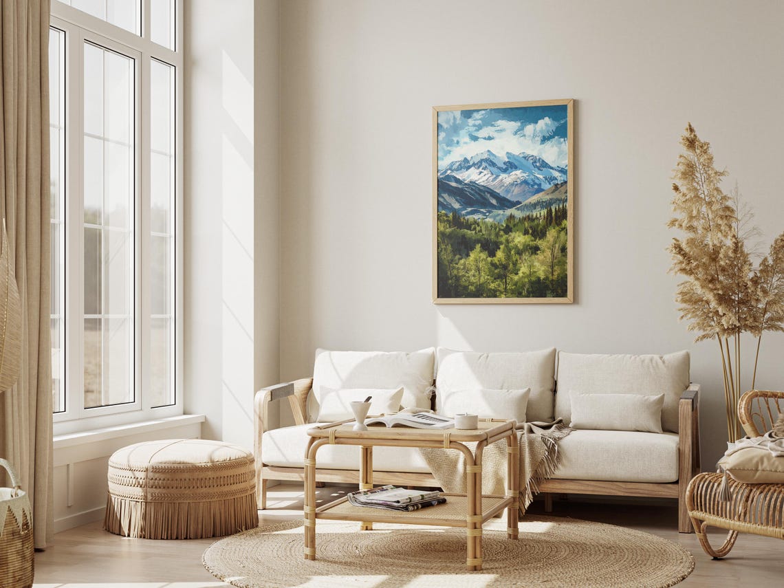 Snowy Mountain Peak Green Valley Blue Sky Alpine Landscape Print - Image 3