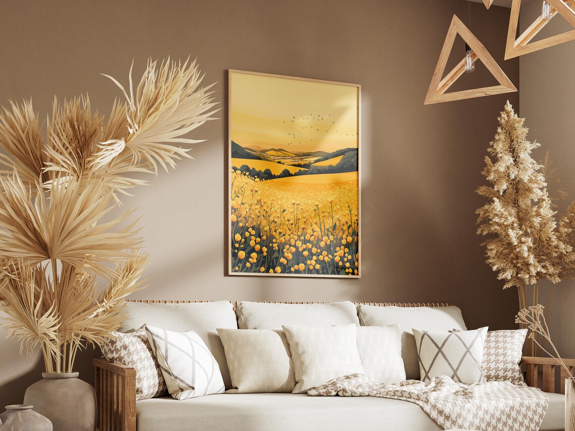 Mustard Flower Field Sunset Landscape, Farmhouse Art Print - Image 3