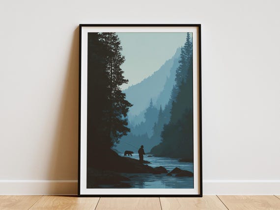 Misty Mountain Bear Fishing Art Print Serene Wilderness Landscape Poster Rustic Cabin Wall Decor Fisherman Gift For Nature Lovers