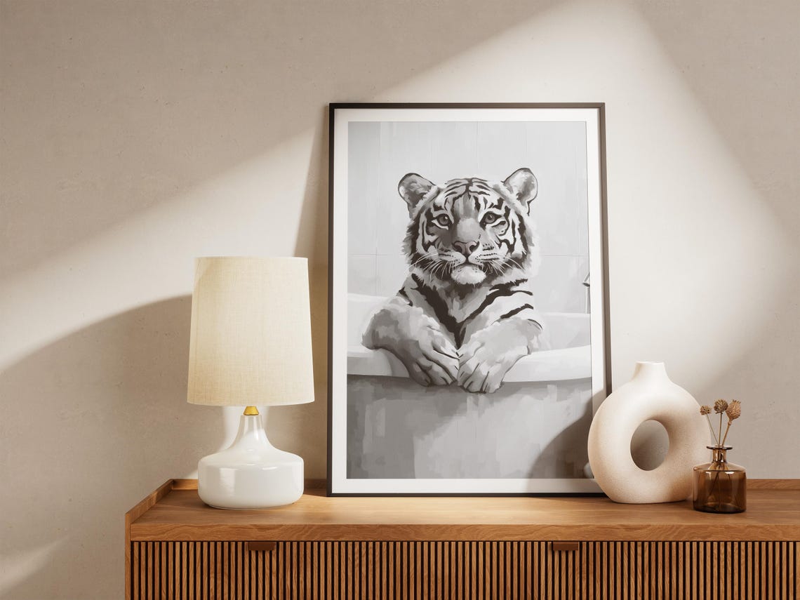 Tiger In Bathtub Print Animal Art Poster Bathroom Decor Minimalist Illustration Funny Unique Wall Modern - Image 4