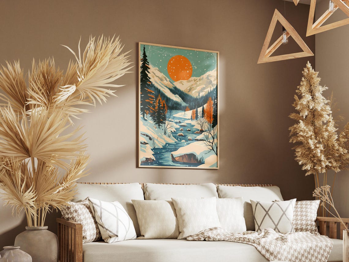 Icy River Winding Through a Snowy Valley at Golden Sunset Poster - Image 3