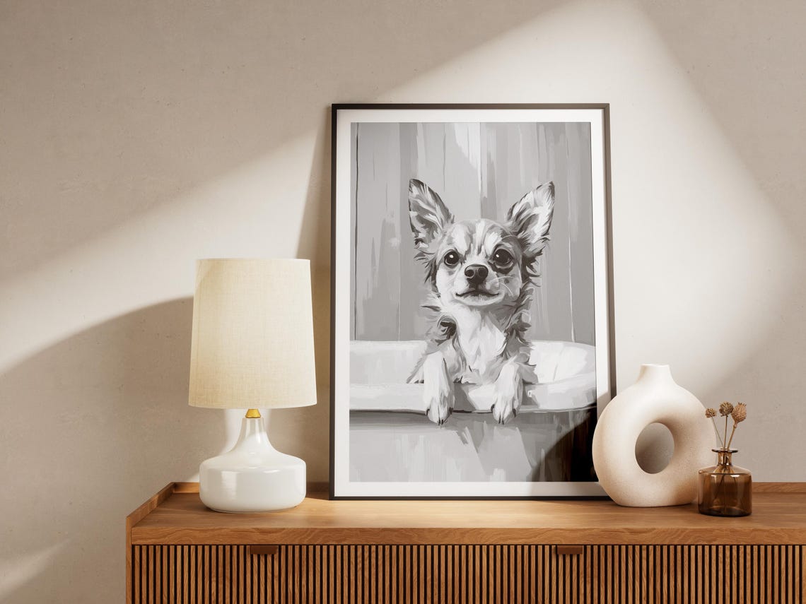 Chihuahua Puppy In A Bathtub Black And White Cute Art Poster - Image 4