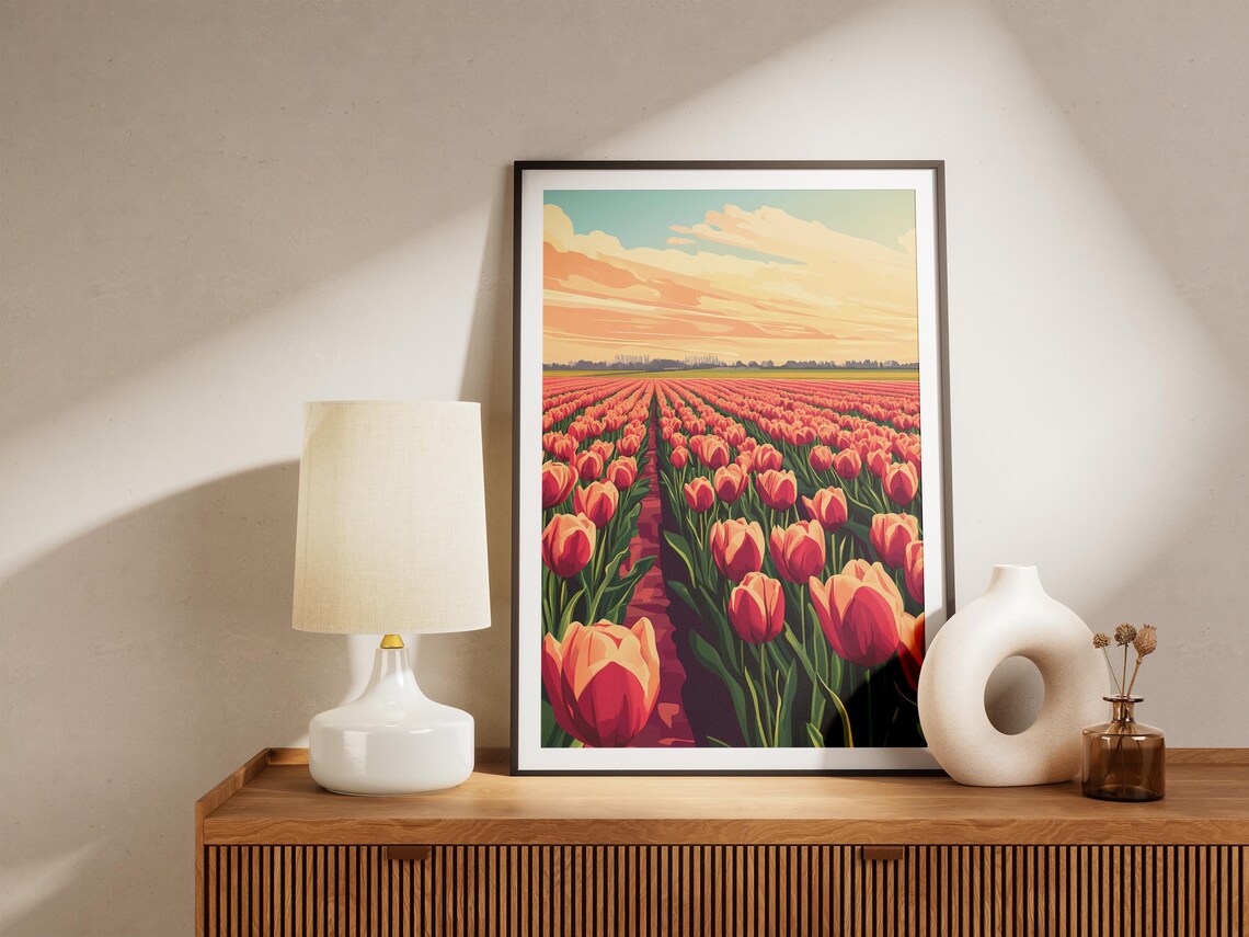 Sunset Tulip Field Orange Tulips Flower Farm Landscape Poster - Image 5