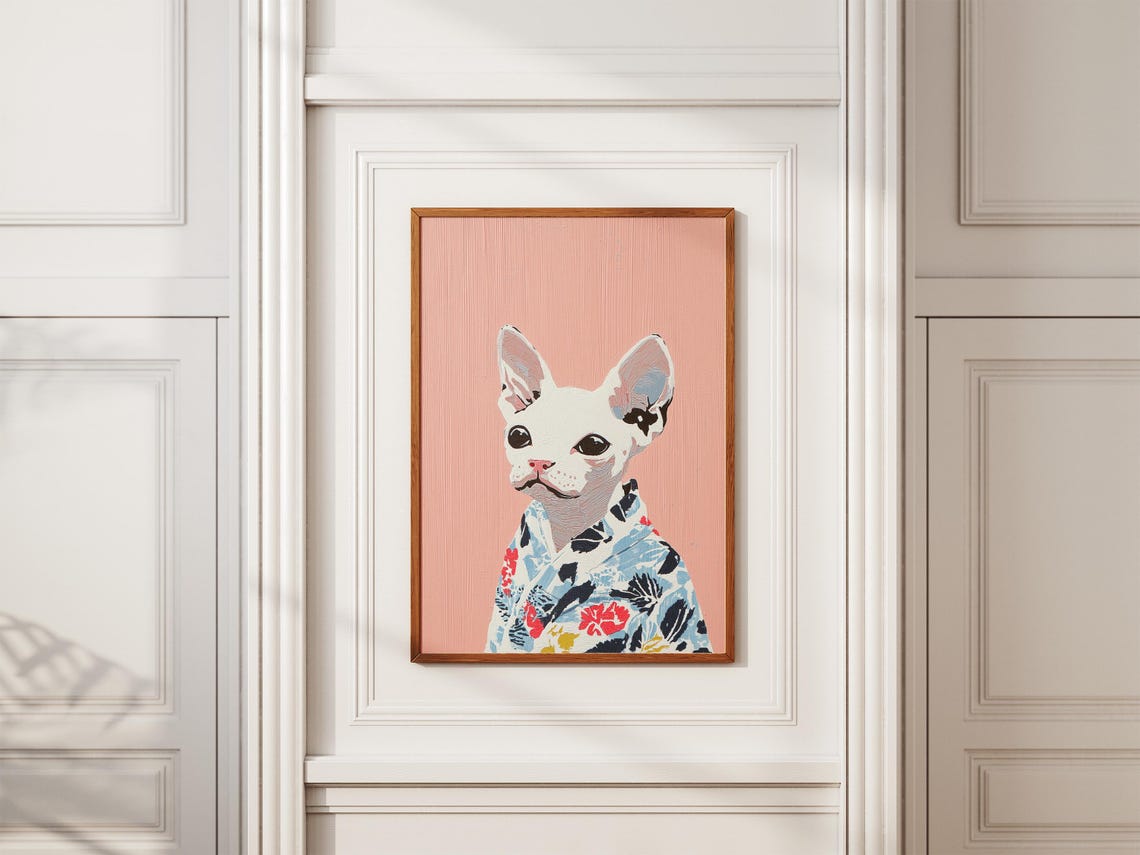 Hairless Sphynx Cat Floral Kimono Minimal Portrait Art Poster - Image 2