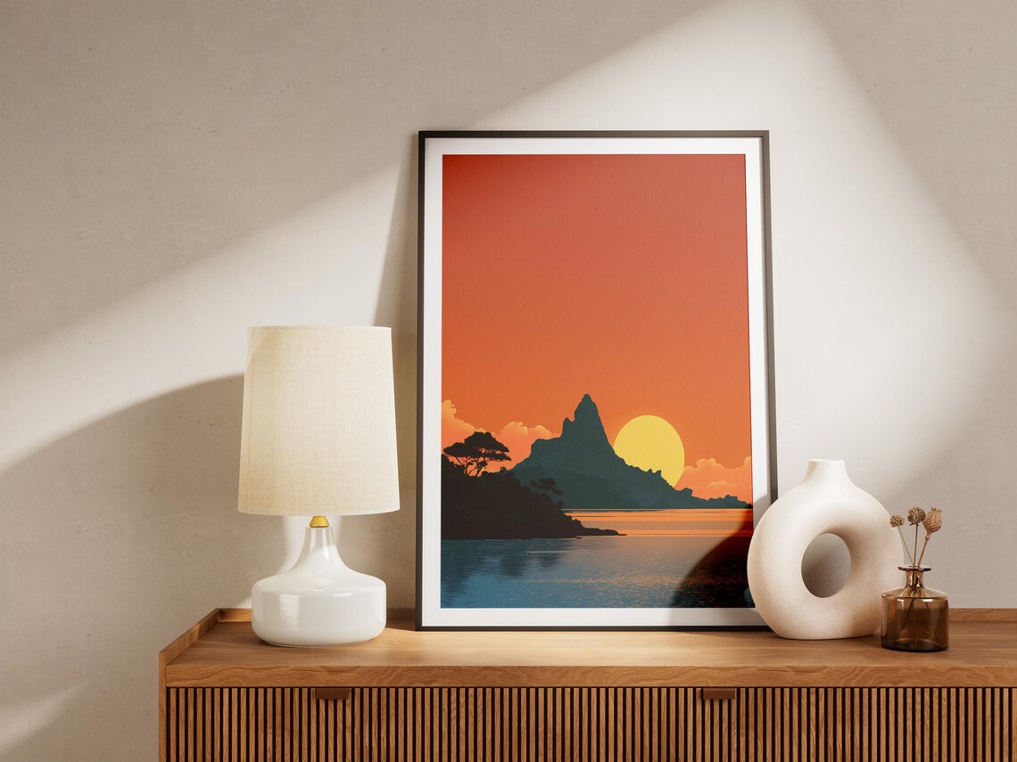 Tropical Island Sunrise Over Ocean Minimalist Sunset Art Poster - Image 4