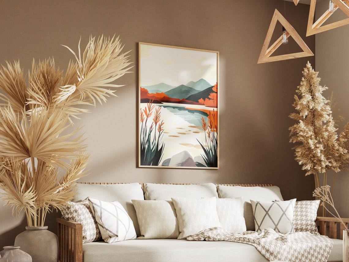 Abstract Mountain Lake With Orange Reeds Modern Nature Poster - Image 3