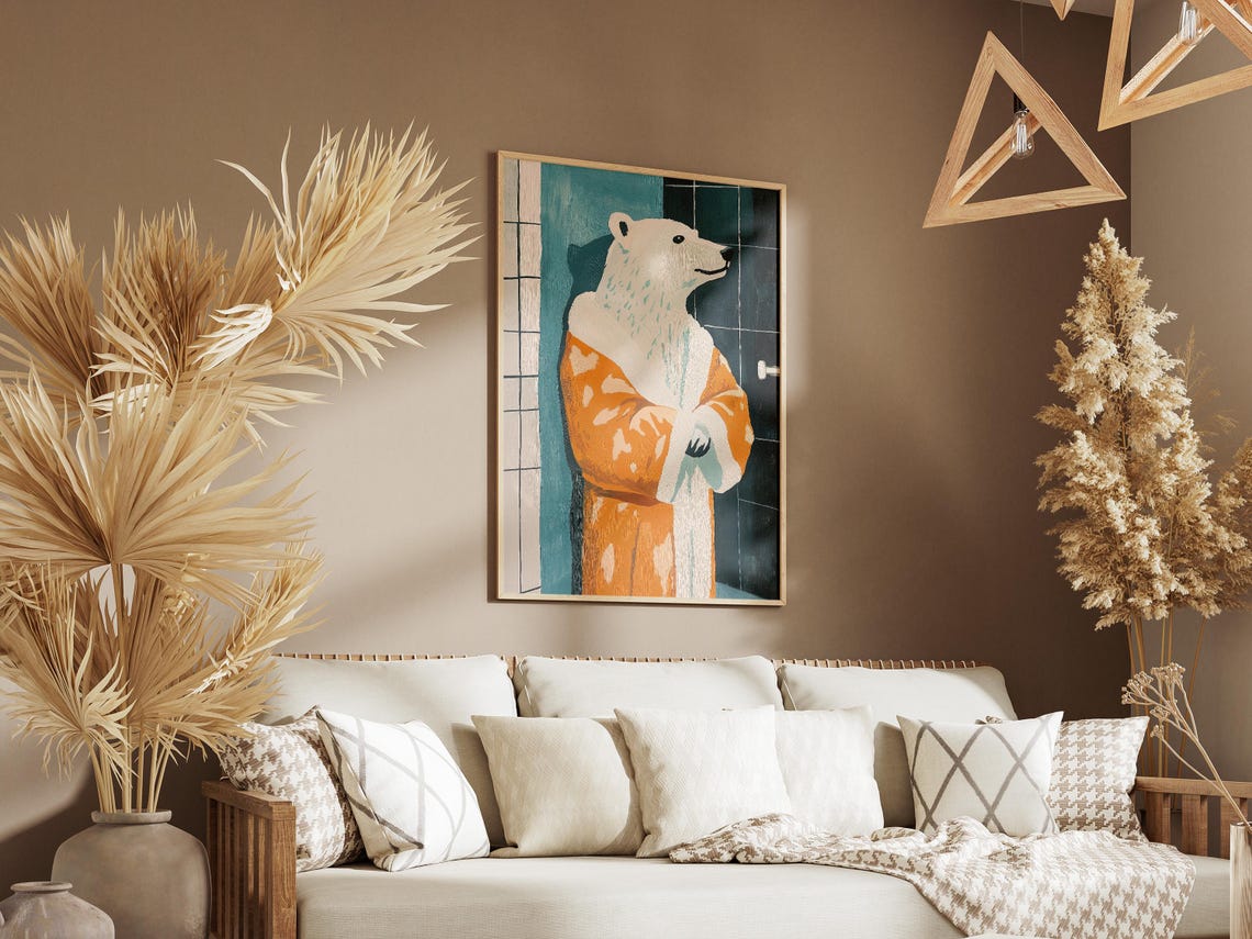 Smiling Polar Bear In Orange Bathrobe Retro Bathroom Art Poster - Image 3