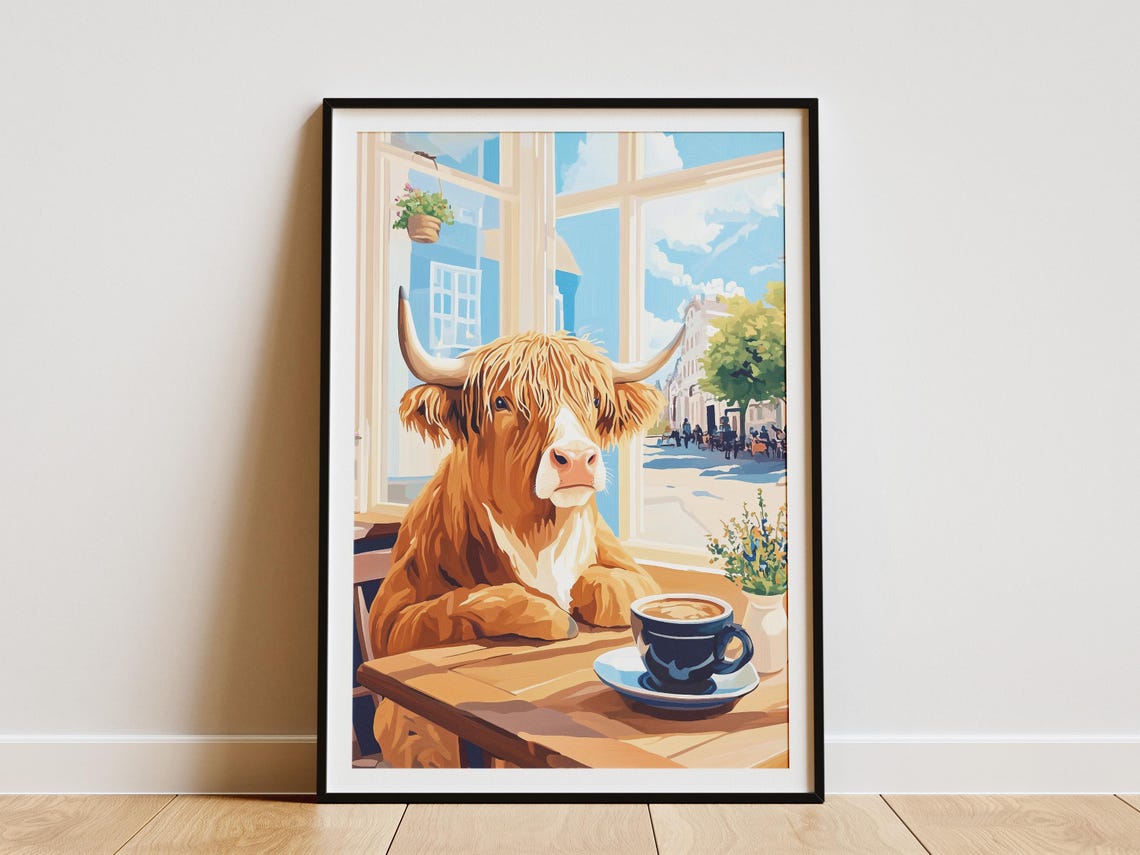 Highland Cow Cafe Whimsical Coffee Shop Animal Portrait Art Poster