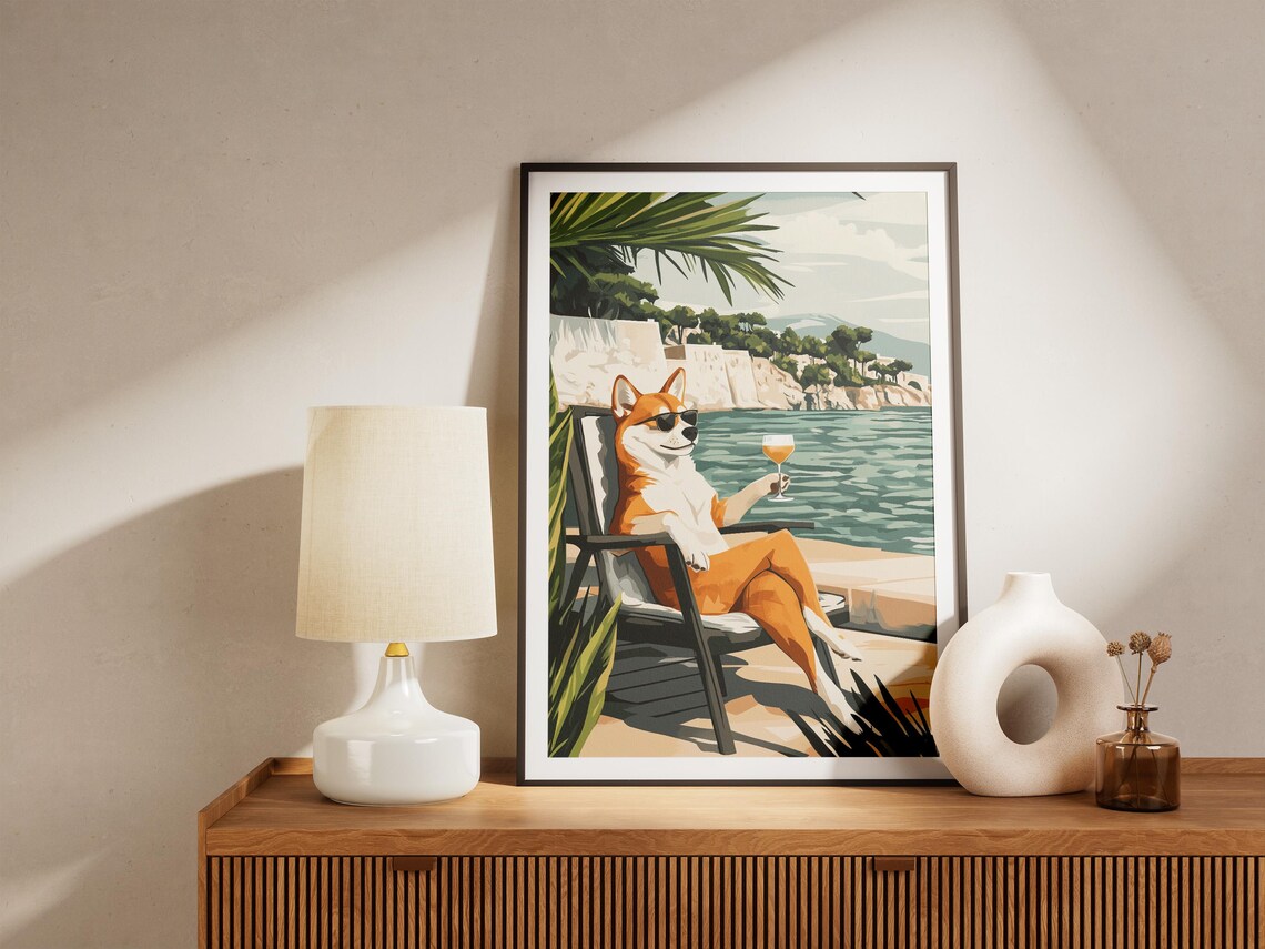 Cool Shiba Inu In Sunglasses Lounging With Cocktail Sea Poster - Image 5