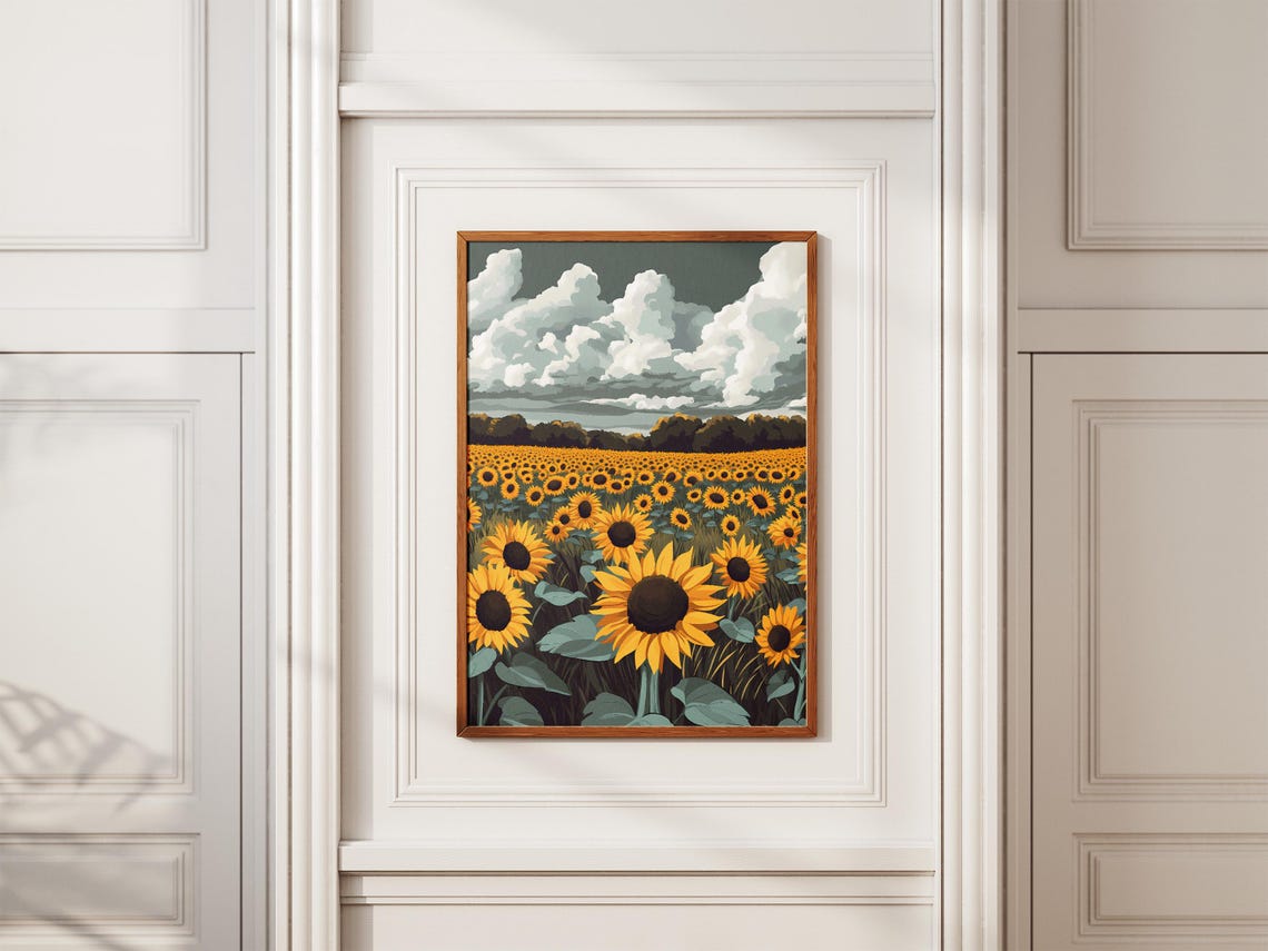 Golden Sunflower Field Under Dramatic Stormy Clouds Summer Poster - Image 2