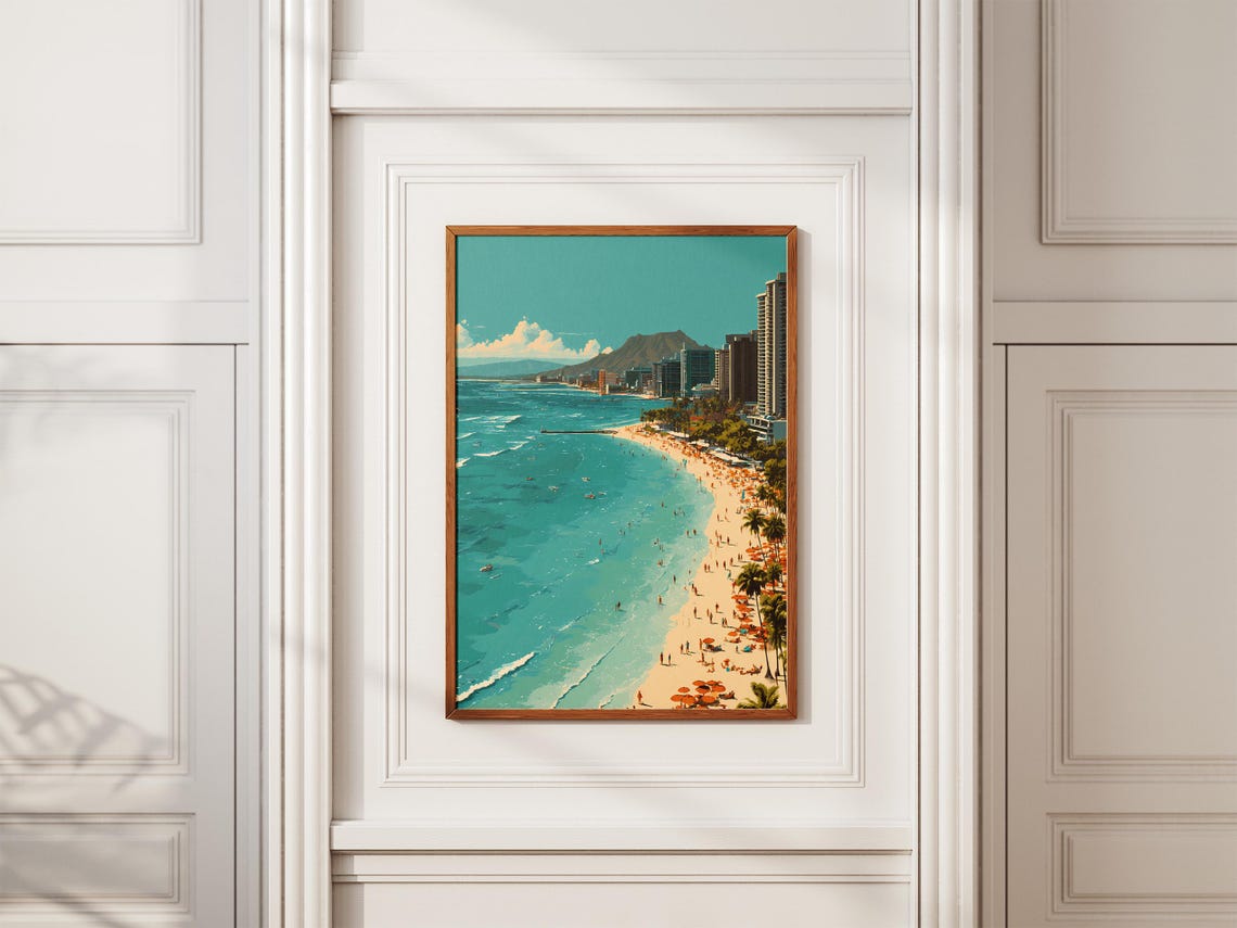 Waikiki Beach Vintage Travel Poster Diamond Head Honolulu Hawaii Art - Image 2