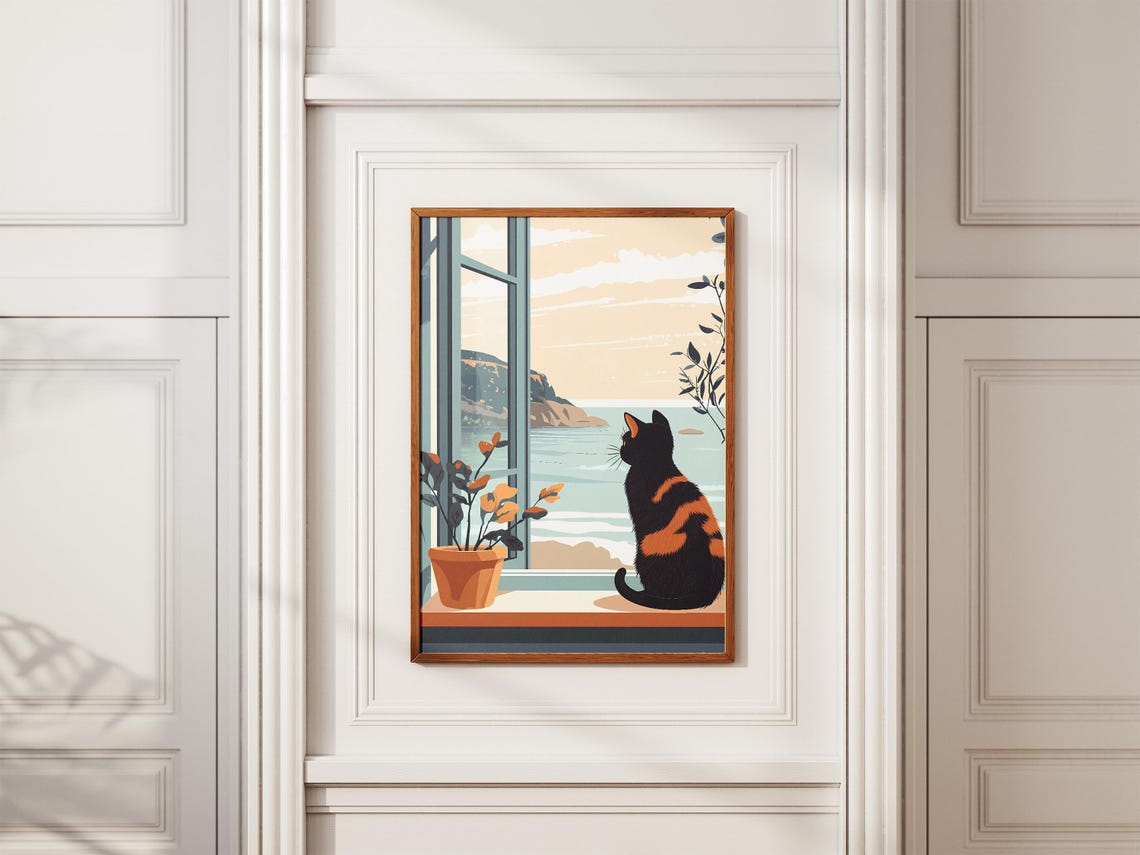 Tortoiseshell Cat Gazing Out Coastal Window Illustration Poster - Image 2