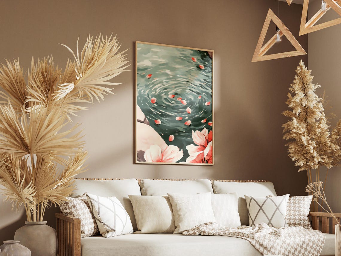 Cherry Blossom Petals Floating on Water Ripple Serene Floral Poster - Image 3