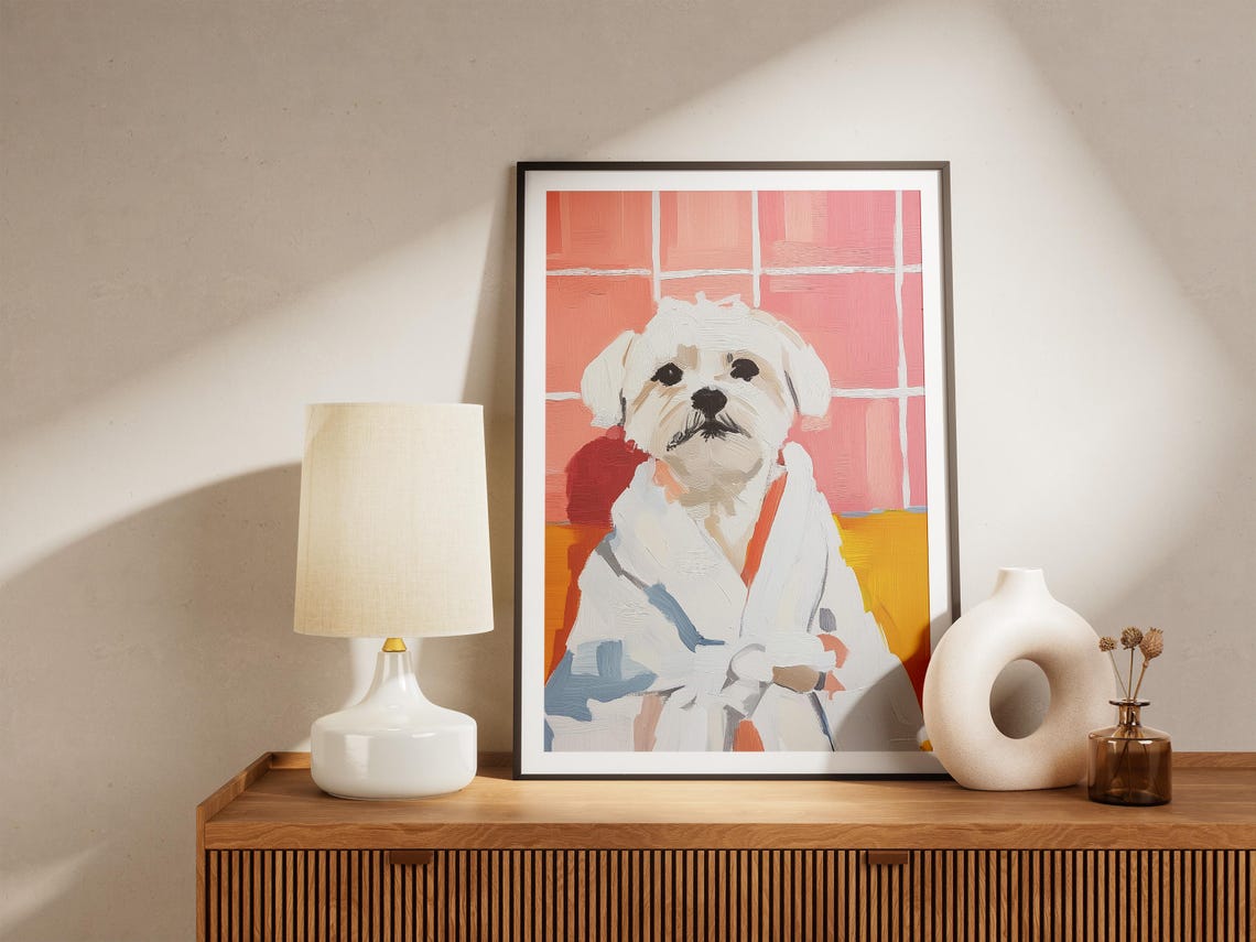 Maltese Dog in White Bathrobe Pink Tiles Painterly Art Poster - Image 4
