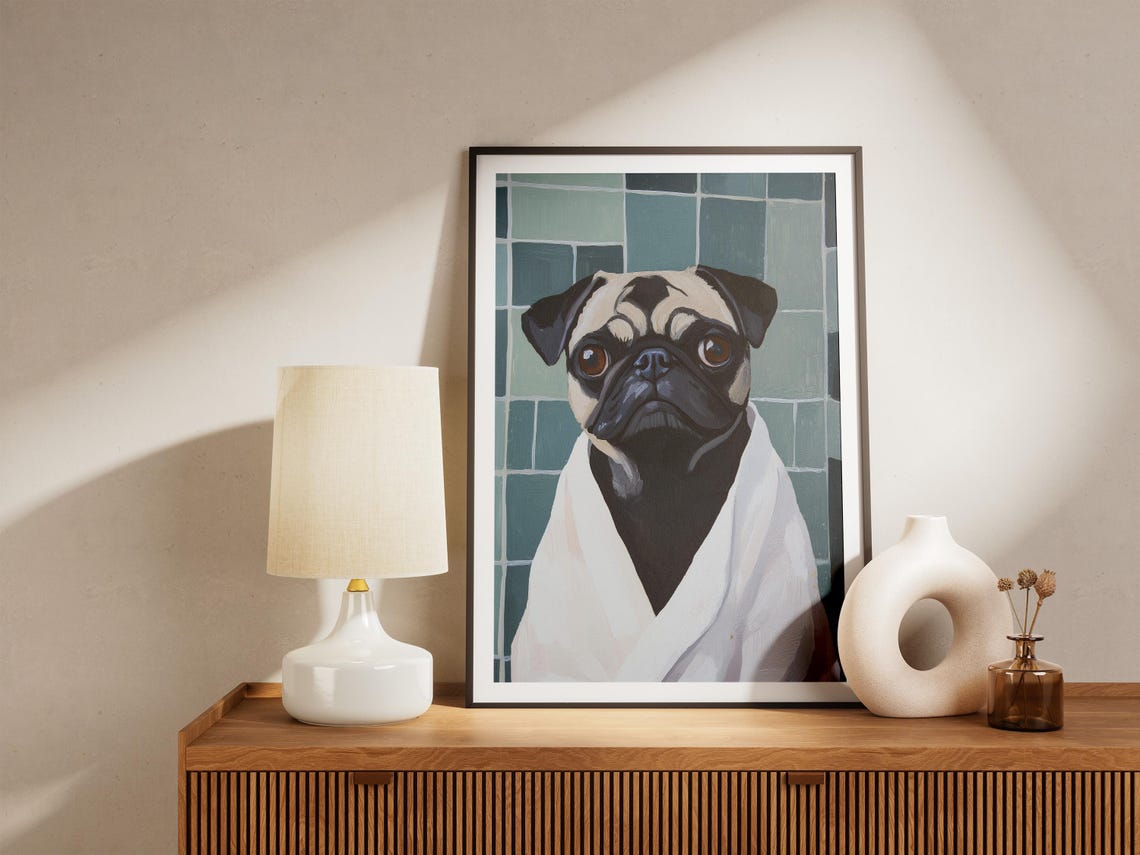 Pug Dog in White Bathrobe Teal Tiled Bath Portrait Art Poster - Image 4