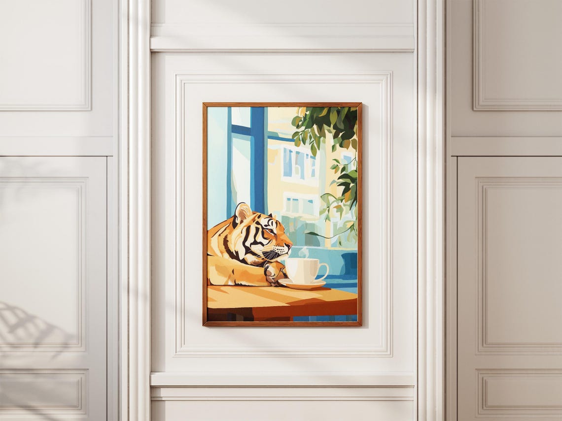 Tiger Resting At A Cafe Window Table With Steaming Coffee Poster - Image 2